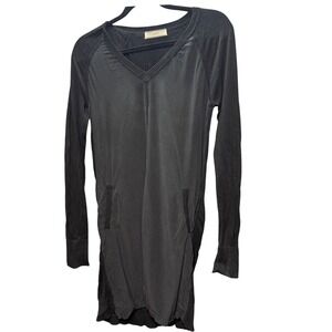 Cluny Silk Cotton V Neck Dress Womens M Black Pockets Boho‎ Minimalist Lagenlook